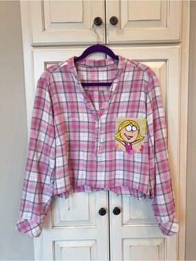 Lizzie McGuire Pink Plaid Cropped Flannel Top with Character Pocket